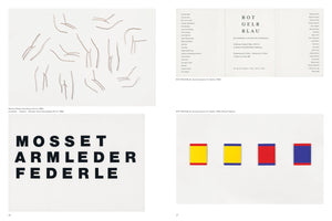 Eine Doppelseite aus einem Kunstkatalog. Links, Seite 26, zeigt oben Linienzeichnungen von Armen und Beinen von Markus Raetz und unten die Namen Mosset, Armleder, Federle in schwarzer Blockschrift. Rechts, Seite 27, ist oben eine Einladung zur Ausstellung Rot Gelb Blau und unten vier geometrische Farbkompositionen von Blinky Palermo in Rot, Gelb und Blau.