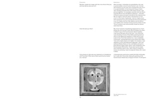 Eine Seite aus einer Publikation mit einem zweispaltigen Interview zwischen Philipp Kaiser und Mendes Bürgi. Unten rechts ist eine Schwarz-Weiß-Abbildung von Paul Klees Gemälde Senecio zu sehen, das ein abstraktes, geometrisches Gesicht darstellt. Die Seitenzahl 105 steht unten in der Mitte.
