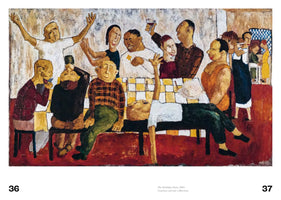 Ein expressionistisches Gemälde einer lauten Geburtstagsfeier. Eine Gruppe von stilisierten Personen versammelt sich um einen langen Tisch mit einer gelb-weißen karierten Tischdecke. Die Gäste jubeln, prosten und gestikulieren lebhaft, während eine Person auf der Bank liegt. Die Szene ist in erdigen Tönen gehalten und wirkt dynamisch und ausgelassen.
