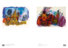 Eine Buchdoppelseite mit zwei abstrakten Gemälden. Links, auf Seite 52, zeigt das Werk Die Ordnung ist wiederhergestellt, 1961, stilisierte Figuren in Gelb- und Orangetönen vor einem blauen Hintergrund. Rechts, auf Seite 53, zeigt das Werk Trophäe, 1960, eine Komposition aus runden, organischen Formen in Rot- und Violetttönen.
