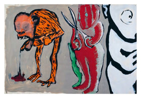 Expressionistisches Gemälde von drei Figuren: eine orangefarbene, blutende Kreatur, die sich bückt, eine rote Figur mit einer Schere und eine weiße Figur mit schwarzen Linien.