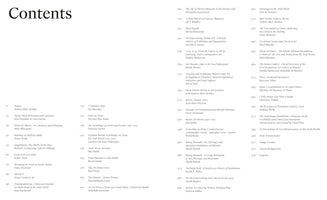 Das Inhaltsverzeichnis eines Buches mit der Überschrift Contents, das in drei Spalten die Seitenzahlen, Titel der Beiträge und deren Autoren auflistet und sich mit Kunst in der arabischen Welt befasst.
