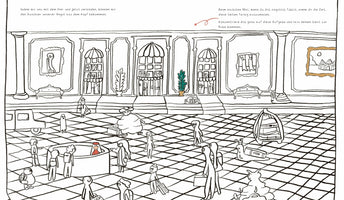 Eine als Ausmalbild gestaltete Schwarz-Weiß-Zeichnung einer großen, belebten Halle. Der Boden ist mit einem Rautenmuster gefliest. In der Halle wimmelt es von verschiedenen, fantasievollen Cartoon-Kreaturen mit Gepäck. Im Hintergrund ist eine prunkvolle Wand mit Säulen, Fenstern und Bildern zu sehen. Deutscher Text oben auf der Seite fordert zum Ausmalen der Szene als Übung gegen Angst auf.