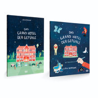 Zwei illustrierte Bücher mit dem Titel Das Grand Hotel der Gefühle von Lidia Branković auf weißem Hintergrund. Das linke Buchcover zeigt ein großes rotes Hotel bei Nacht. Das rechte Buch, ein Mitmachbuch, zeigt das gleiche Hotel, umgeben von fantasievollen Zeichnungen und einer Hand, die mit einem Stift malt.