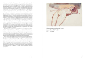 Eine Seite aus einem Buch mit deutschem Text links und einer Aquarell- und Farbstiftzeichnung rechts. Die Zeichnung, betitelt Liegender weiblicher Akt (1910), zeigt eine nackte Frau, die mit durchgebogenem Rücken und zurückgelehntem Kopf liegt.