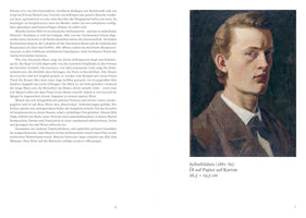 Eine Doppelseite aus einem Buch. Links ist ein deutscher Text, rechts ein Selbstporträt von Edvard Munch aus dem Jahr 1881-82. Das Ölgemälde zeigt den jungen Künstler mit blonden Haaren und ernstem Blick in einem dunklen Anzug. Sein Gesicht ist von der linken Seite stark beleuchtet.