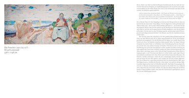 Eine Buchdoppelseite mit dem Gemälde Die Forscher von Edvard Munch auf der linken Seite. Das Bild zeigt eine sitzende Frau, die ein Baby hält, umgeben von nackten Kindern und Erwachsenen an einem Strand. Die rechte Seite und der Bereich unter dem Bild enthalten deutschen Text über das Kunstwerk.