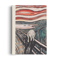 Ein aufrecht stehendes Hardcover-Notizbuch mit einem cremefarbenen Stoffrücken, dessen Einband Edvard Munchs Gemälde Der Schrei zeigt, mit einer gequälten Figur, die auf einer Brücke unter einem feuerroten Himmel schreit.