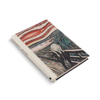 Ein Hardcover-Buch mit dem Gemälde Der Schrei von Edvard Munch auf dem Einband, fotografiert auf einem weißen Hintergrund. Der cremefarbene Buchrücken trägt den Schriftzug Edvard Munch Der Schrei.