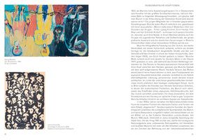 Eine Doppelseite aus einem Buch mit den Seitenzahlen 82 und 83. Auf der linken Seite sind zwei Kunstwerke abgebildet. Oben ein farbenfrohes, expressionistisches Gemälde von Georg Baselitz, das auf dem Kopf stehende Figuren zeigt. Darunter ein schwarz-weißer Druck von Jannis Kounellis, der eine Masse stilisierter Gesichter darstellt. Die rechte Seite enthält einen langen Textblock in deutscher Sprache unter der Überschrift IKONOGRAFISCHE ADAPTIONEN.