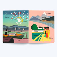 Eine aufgeschlagene Doppelseite eines Kinderbuchs mit farbenfrohen, stilisierten Illustrationen und deutschen Beschriftungen. Die linke Seite zeigt eine Hafenszene bei Sonnenaufgang mit einem Schiff am Kai und den Wörtern Sterne, Sonne, Schornstein, Hafen, Boot, Dach und Kai. Die rechte Seite zeigt eine Landschaft mit einem Fjord, schneebedeckten Bergen und einer Brücke mit Menschen, beschriftet mit den Wörtern Schnee, Gebirge, Fjord, Mauer, Wasser und Brücke.