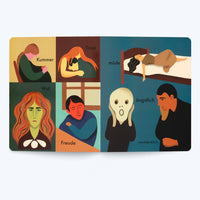 Ein aufgeschlagenes Kinderbuch, das auf zwei Seiten verschiedene Gefühle mit stilisierten Illustrationen darstellt. Links sind vier Bilder: eine Person mit Kummer, eine Person, die Trost spendet, eine Person mit Wut und eine Person, die Freude empfindet. Rechts sind drei Bilder auf blauem Hintergrund: eine müde Person im Bett, eine ängstliche Figur, die an Edvard Munchs Der Schrei erinnert, und eine nachdenkliche Person. Jede Illustration ist mit dem entsprechenden deutschen Wort beschriftet.