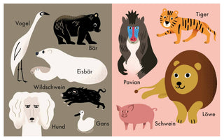 Eine Doppelseite aus einem Kinderbuch mit stilisierten Zeichnungen von Tieren und ihren deutschen Namen. Auf der linken Seite mit graubraunem Hintergrund sind ein Vogel, ein Bär, ein Eisbär, ein Wildschwein, ein Hund und eine Gans. Auf der rechten Seite mit rosa Hintergrund sind ein Pavian, ein Tiger, ein Löwe und ein Schwein.