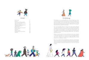Eine Doppelseite aus einem Buch auf Deutsch. Die linke Seite zeigt das Inhaltsverzeichnis unter der Überschrift Inhalt. Die rechte Seite zeigt die Einleitung. Beide Seiten sind mit bunten, cartoonartigen Illustrationen von fantasievollen Figuren verziert, die in einer Parade über den unteren Rand der Seiten laufen.