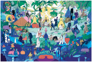 Eine farbenfrohe und detailreiche surreale Illustration einer Fantasielandschaft. Die Szene ist voller Menschen in unterschiedlicher Kleidung, die zwischen überdimensionalen Pflanzen, Früchten und Pilzen interagieren, musizieren und ernten. Die Komposition ist in einen helleren, grünen oberen Bereich und einen dunkleren, blauen unteren Bereich unterteilt.