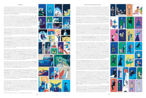 Eine Doppelseite aus einem deutschen Buch oder Magazin. Die linke Seite mit dem Titel Bettzeit und die rechte Seite mit dem Titel Inspirierende Wissenschaft enthalten jeweils einen Textblock und ein Raster aus vielen kleinen, nummerierten und farbenfrohen Illustrationen von Kunstwerken.