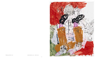 Doppelseite aus einem Kunstkatalog. Rechts ein abstraktes, expressionistisches Gemälde mit breiten Pinselstrichen in Rot, Ocker und Schwarz, kombiniert mit filigranen schwarzen Linienzeichnungen. Die linke Seite ist weiß und zeigt die Bildunterschriften.