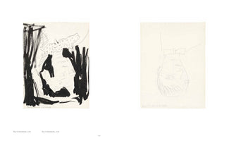 Eine aufgeschlagene Buchseite mit zwei Kunstwerken. Links eine abstrakte Zeichnung mit kräftigen schwarzen Pinselstrichen und feinen Bleistiftlinien. Rechts eine minimalistische Bleistiftskizze eines auf dem Kopf stehenden Gesichts. Unter den Bildern stehen die Bildunterschriften und die Seitenzahl 160.