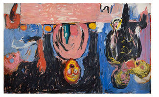 Ein auf dem Kopf stehendes, neo-expressionistisches Gemälde mit dicken Pinselstrichen. Es zeigt mehrere verzerrte, kopfüber dargestellte menschliche Figuren in Schwarz- und Rosatönen vor einem leuchtend blauen Hintergrund. Eine große rosa Fläche, die an einen Tisch erinnert, dominiert den oberen Bildteil.